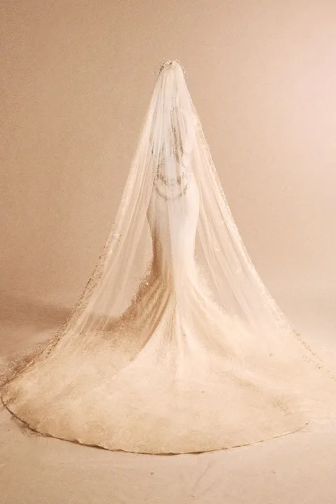 Robe de mariée avec voile long et train élégant, vue de dos.