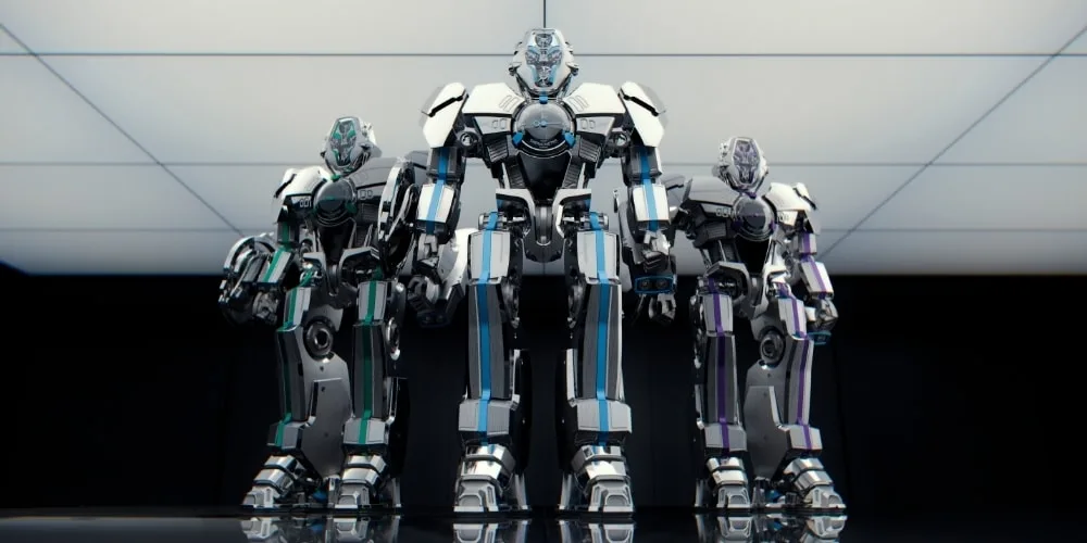 Trois robots futuristes alignés, avec un éclairage moderne.