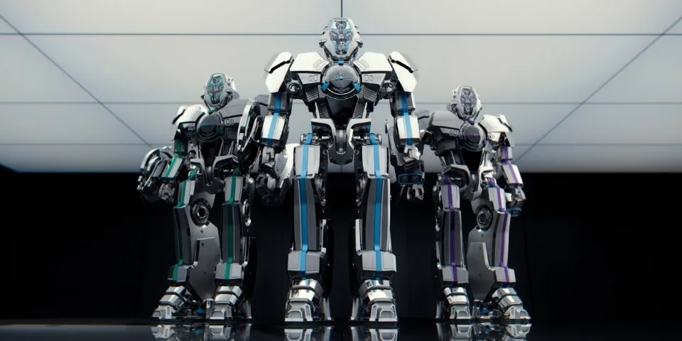 Trois robots futuristes alignés, avec un éclairage moderne.