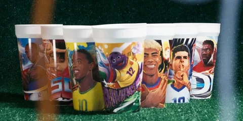 Gobelets colorés avec illustrations de joueurs de football en ligne.