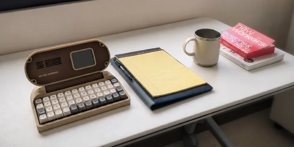 Un bureau avec un journal électronique, carnet, stylo, tasse et livres rouges.