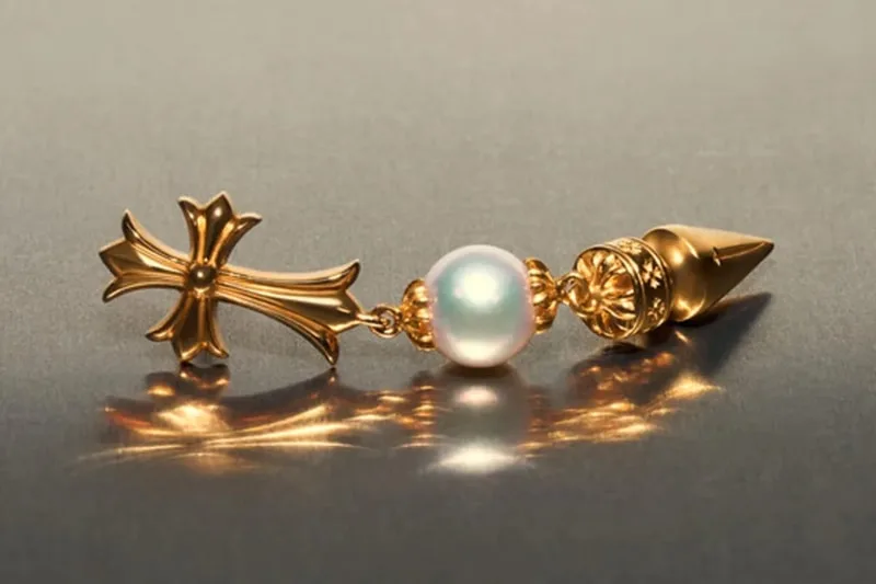 Bijou en or avec croix, perle et pointe décorative.