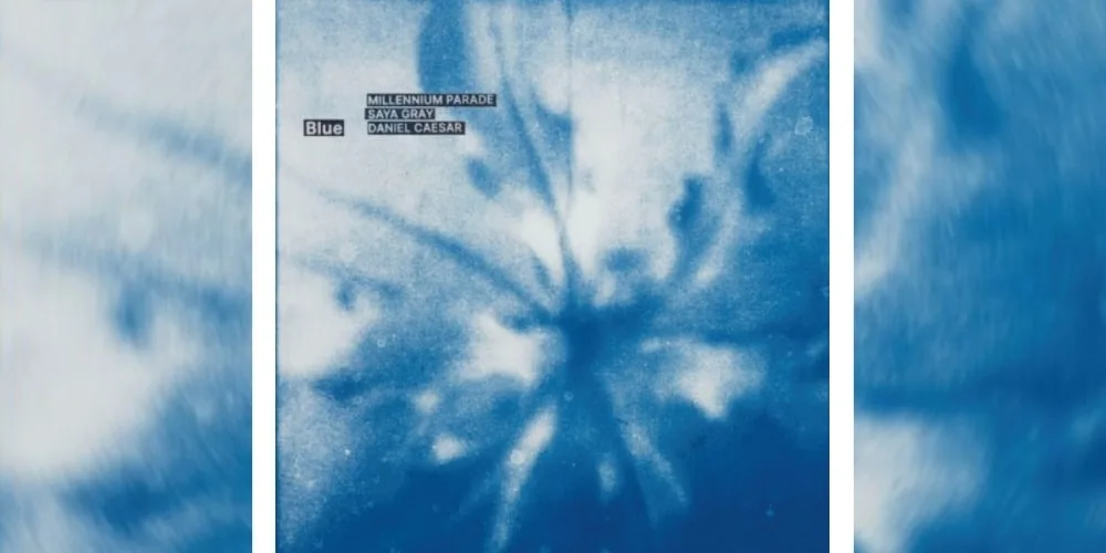 Couverture abstraite en bleu avec texte d'artistes.