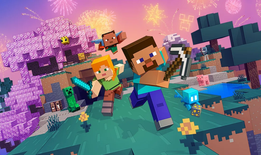 Personnages de Minecraft explorant un monde coloré avec des feux d'artifice.