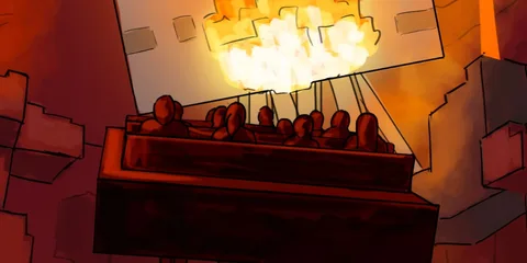 Groupe de personnes regardant un écran enflammé, style artistique.