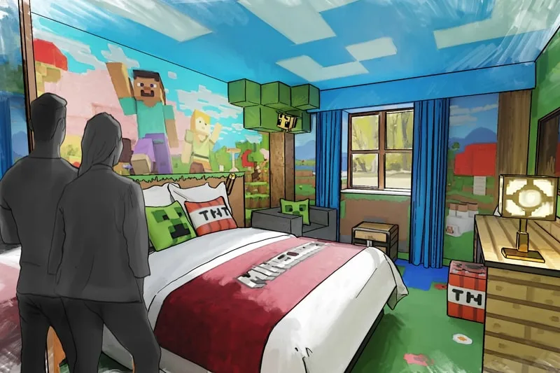 Chambre thématique Minecraft avec personnages et objets emblématiques.