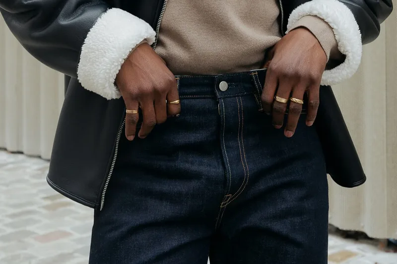 Personne en veste et jeans, mains dans les poches avant.
