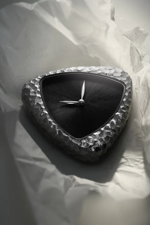 Montre au design triangulaire avec texture métallique et cadran noir.