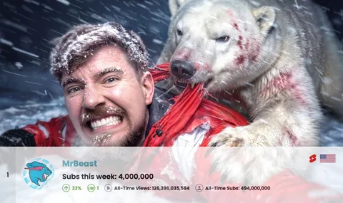 Homme photographié avec un ours polaire mordant sa veste rouge dans une tempête de neige.