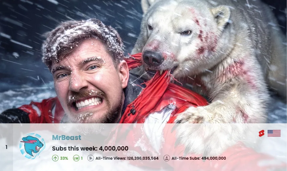 Homme photographié avec un ours polaire mordant sa veste rouge dans une tempête de neige.