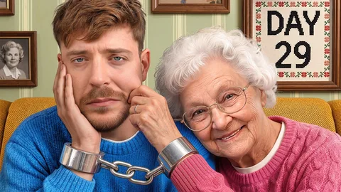 Homme et grand-mère souriants avec mains menottées ensemble, jour 29 derrière eux.