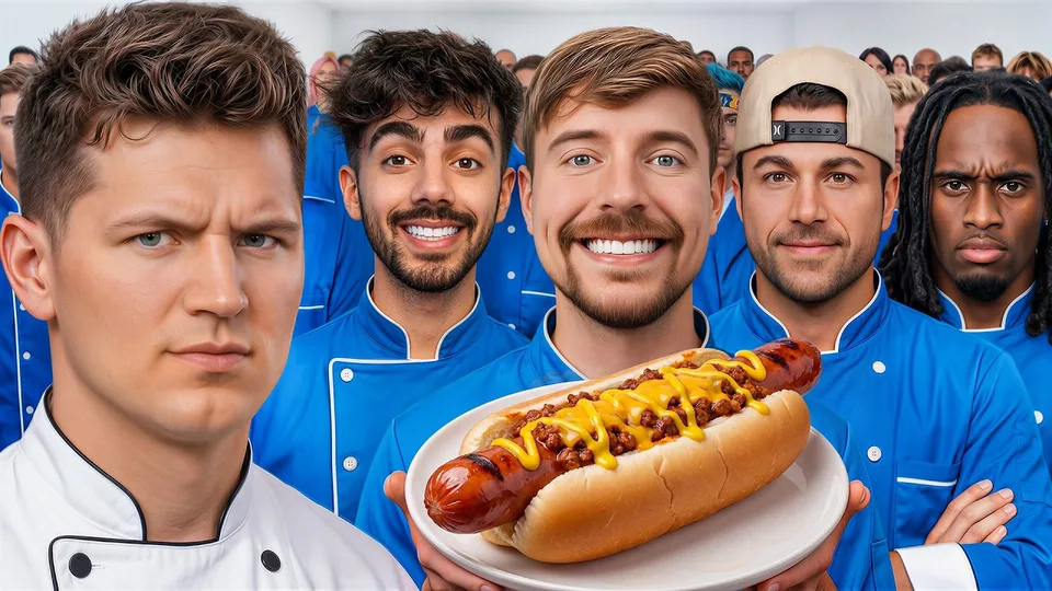 Groupe d'hommes en bleus, l'un tenant un hot-dog avec du chili et fromage.