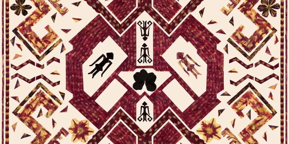 Motif géométrique symétrique bordeaux et crème avec une fleur noire au centre