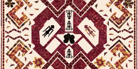 Motif géométrique symétrique bordeaux et crème avec une fleur noire au centre