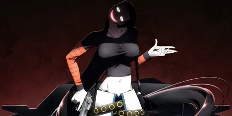 Personnage animé avec visage sombre et grand sourire, pose confiante, armes visibles.