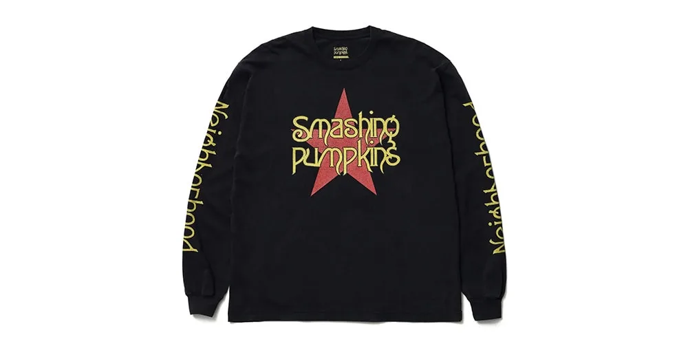 T-shirt noir Smashing Pumpkins avec étoiles rouges, manches longues.