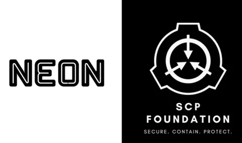 Logos de NEON et SCP Foundation sur fond noir et blanc.