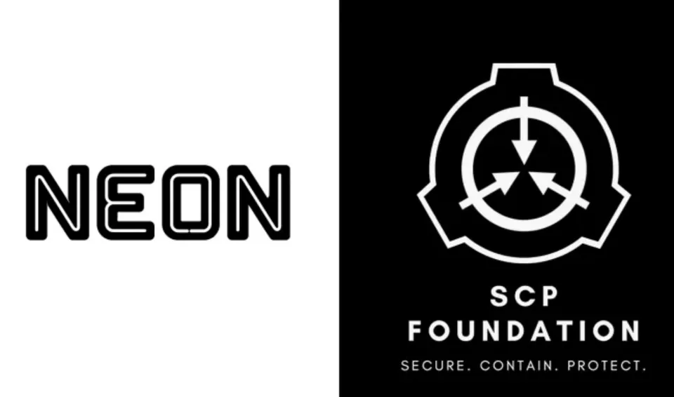 Logos de NEON et SCP Foundation sur fond noir et blanc.