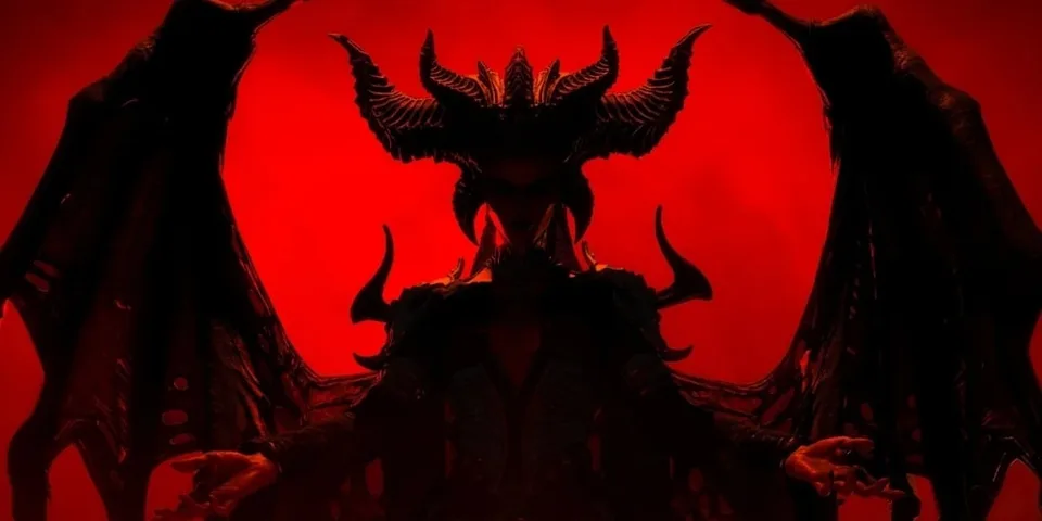 Silhouette démoniaque avec ailes sur fond rouge intense.