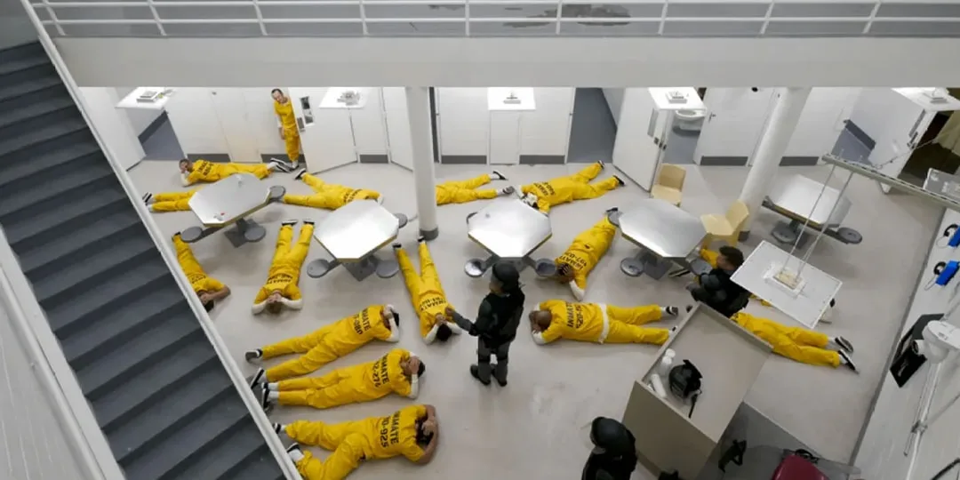 Vue d'en haut d'une prison avec détenus en uniformes jaunes au sol.