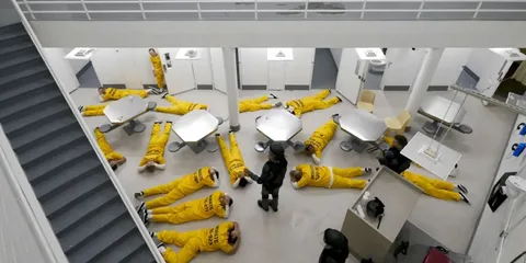 Vue d'en haut d'une prison avec détenus en uniformes jaunes au sol.