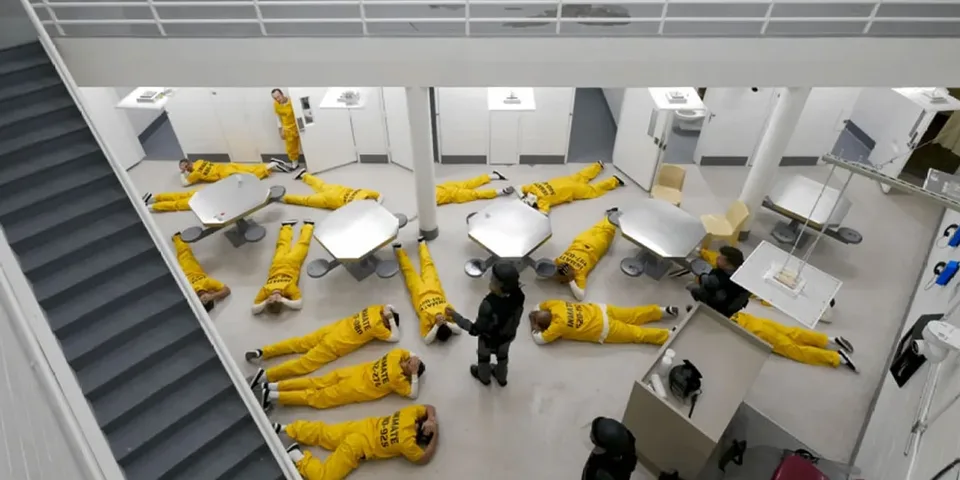 Vue d'en haut d'une prison avec détenus en uniformes jaunes au sol.