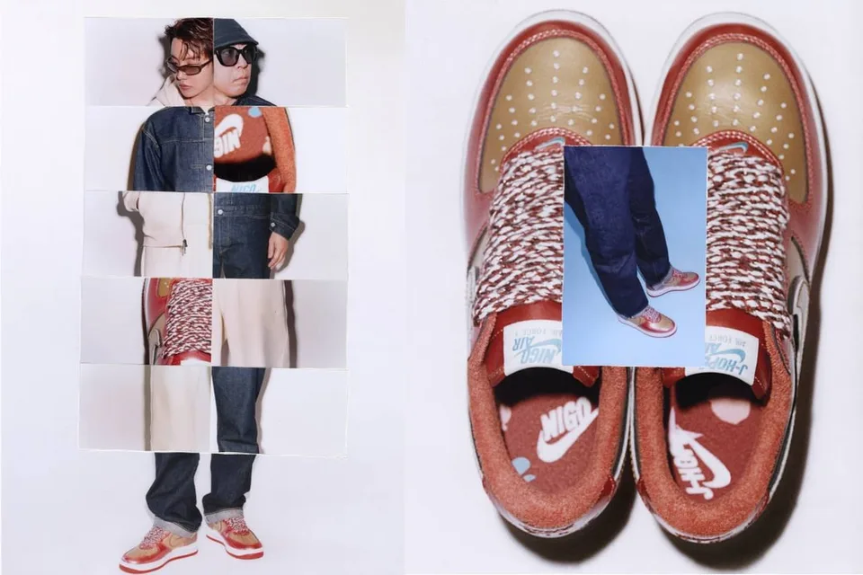 Collage mode et chaussures colorées, style unique.