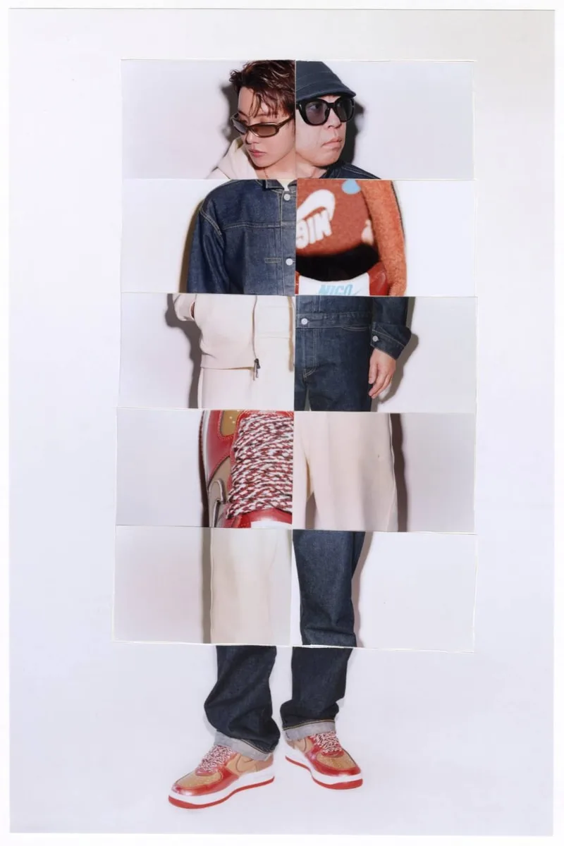 Collage de vêtements en jean et baskets colorées, photo artistique.