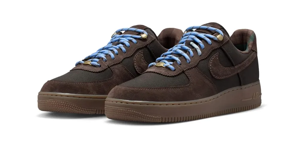Chaussures marron avec lacets bleus sur fond blanc.