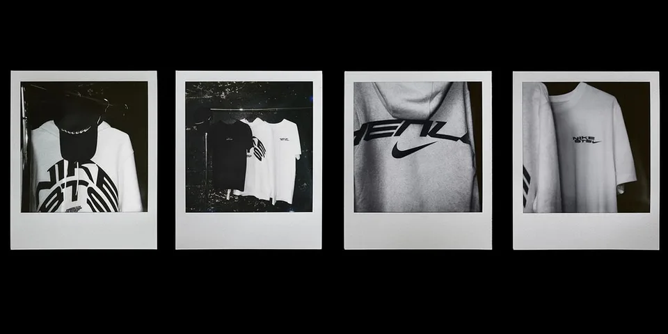 Quatre photos Polaroid de vêtements avec logos Nike en noir et blanc.