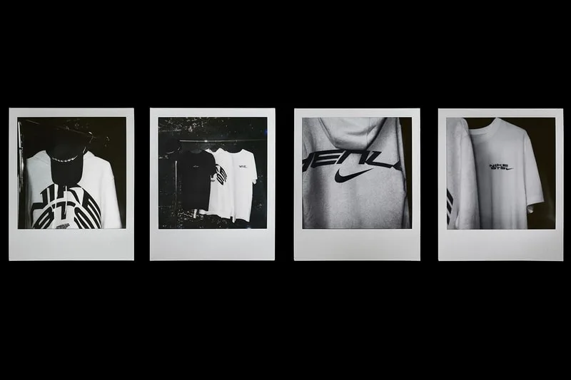 Quatre photos de vêtements avec logos et designs variés.