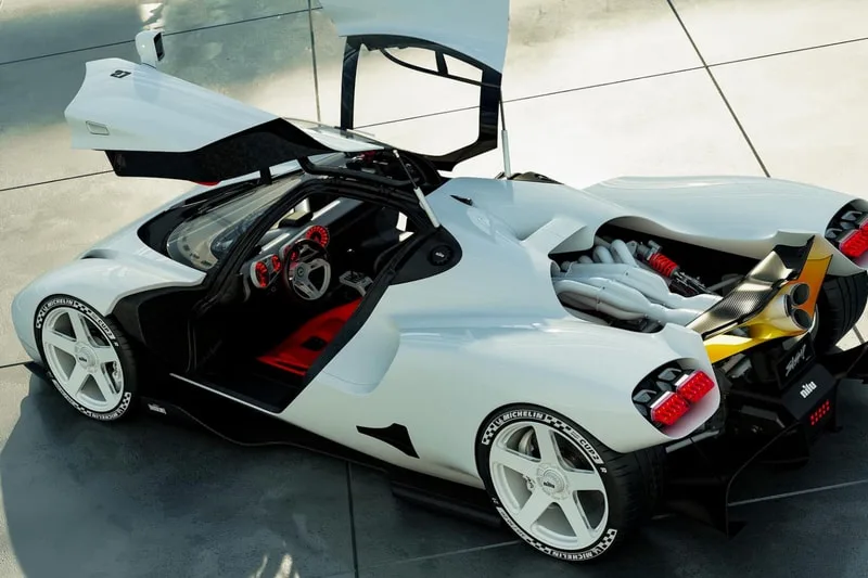 Voiture de sport blanche avec portes papillon ouvertes, design futuriste.