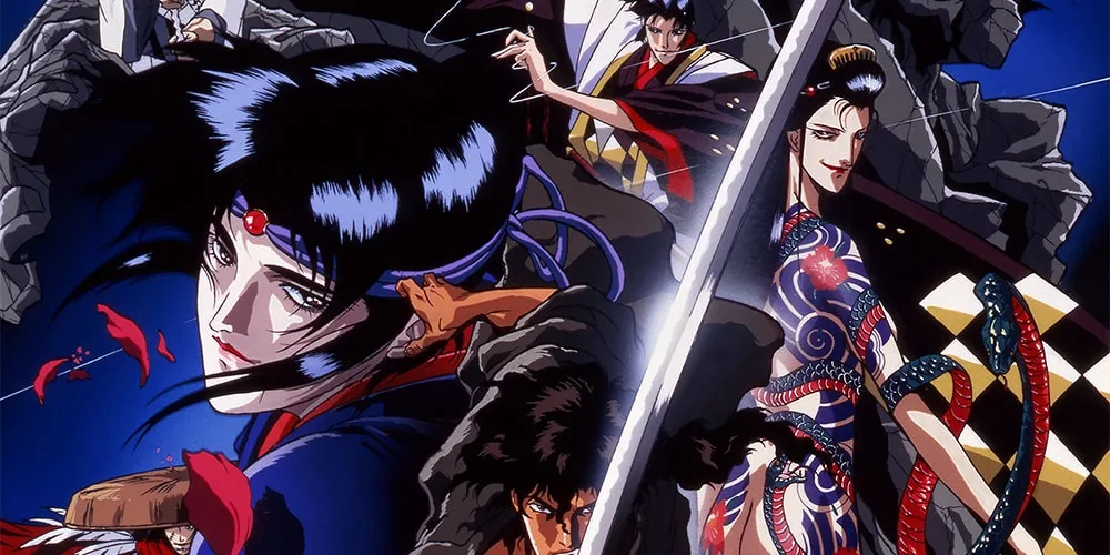 Personnages d'anime avec des expressions sérieuses, tenues colorées.
