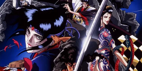 Personnages d'anime avec des expressions sérieuses, tenues colorées.