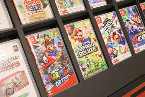 Jeux Nintendo Switch comme Super Mario présentés sur des étagères.