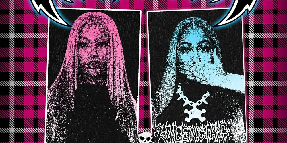 Collage artistique de femme sur fond à carreaux rose et noir.
