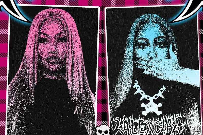 Deux portraits de femmes avec effets visuels, fond à carreaux.