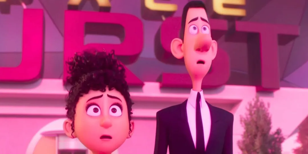 Personnages animés inquiets devant un bâtiment illuminé.
