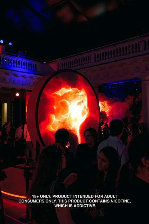 Événement avec installation artistique lumineuse et foule.
