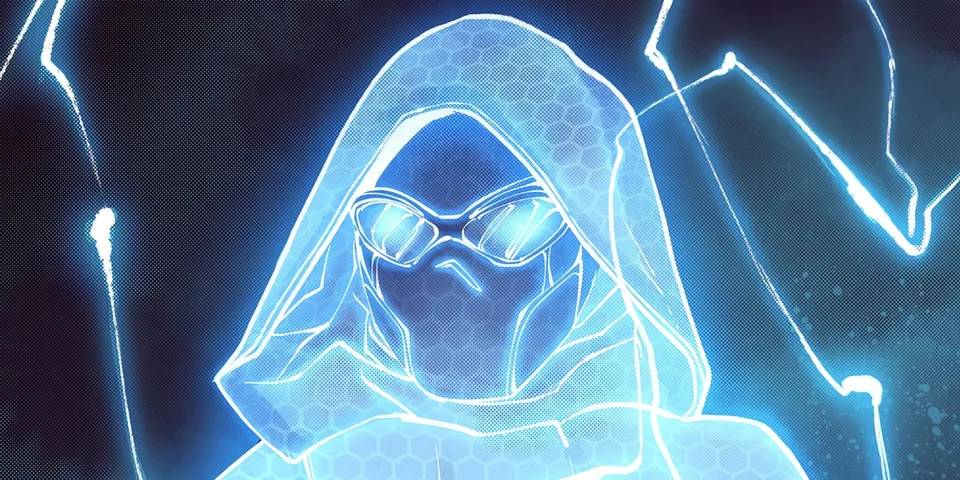 Personnage en tenue futuriste avec capuche et lunettes brillantes.