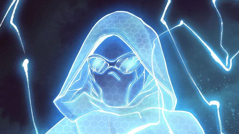 Figure futuriste lumineuse avec lunettes, vêtue d'une capuche.