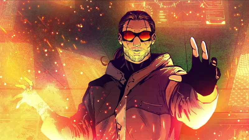 Homme en lunettes de soleil avec effets lumineux autour de lui, ambiance futuriste.