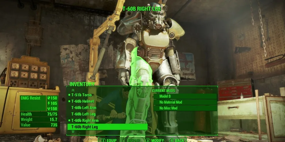 Menu d'inventaire du jeu vidéo avec une armure T-60B affichée.