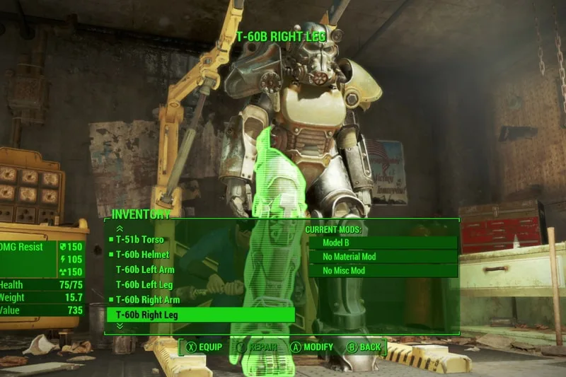 Personnalisation d'armure dans un jeu avec menu d'inventaire à l'écran.
