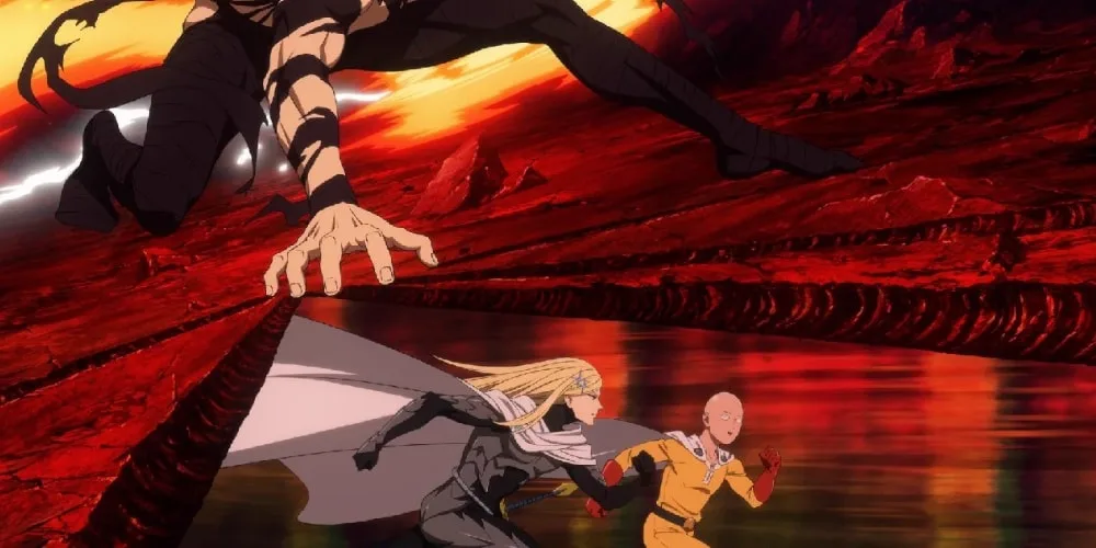 Deux personnages animés courant sur un terrain volcanique avec un ciel dramatique.