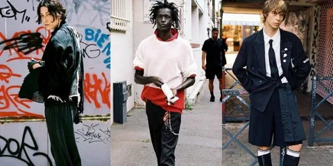 Mode urbaine avec trois hommes en styles uniques devant graffitis et bâtiment.