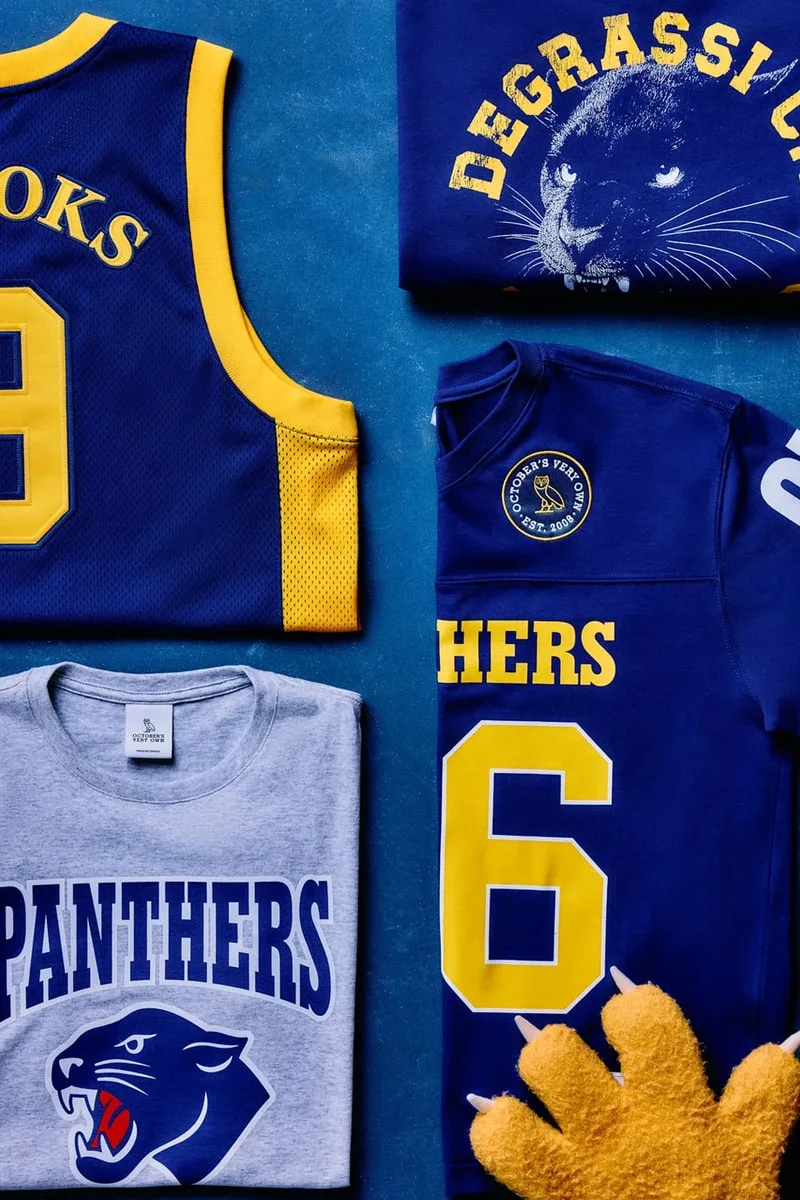 Divers vêtements de sport Degrassi avec motif panthère, fond bleu.