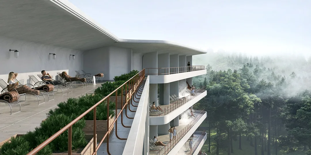 Balcon moderne avec vue sur forêt, personnes se relaxant dans des chaises longues.