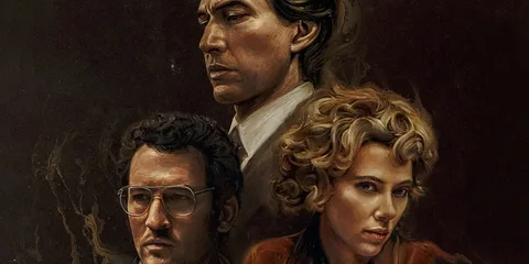 Peinture de trois personnages avec expressions sérieuses, style dramatique.