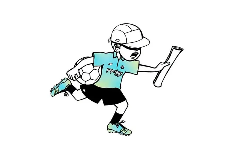 Dessin d'un livreur en mouvement avec un journal et un ballon de foot